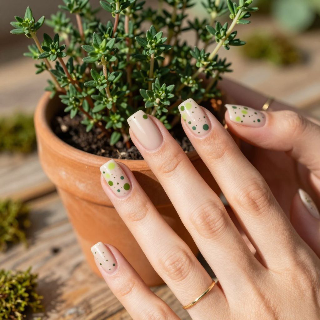 Neutral nails with green speckles and gold flecks