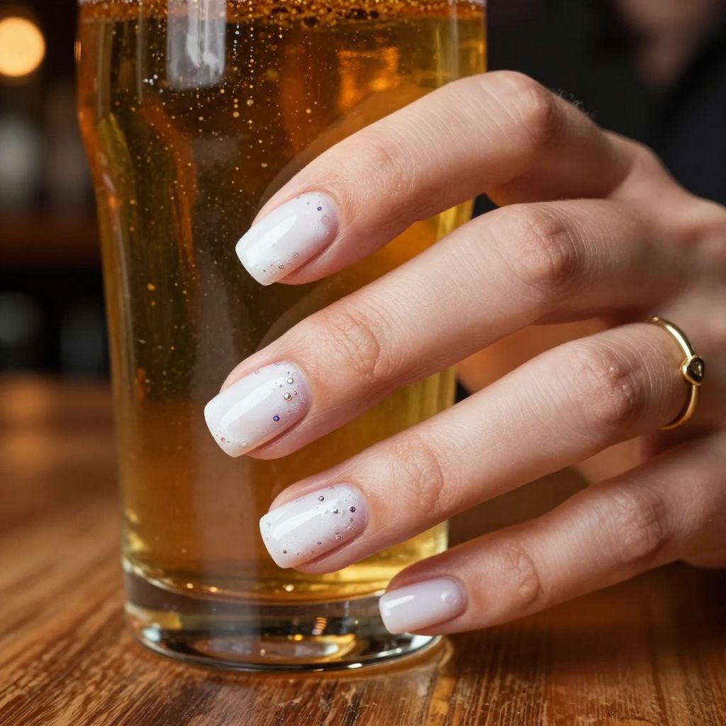 Amber beer inspired nails with white foam tips