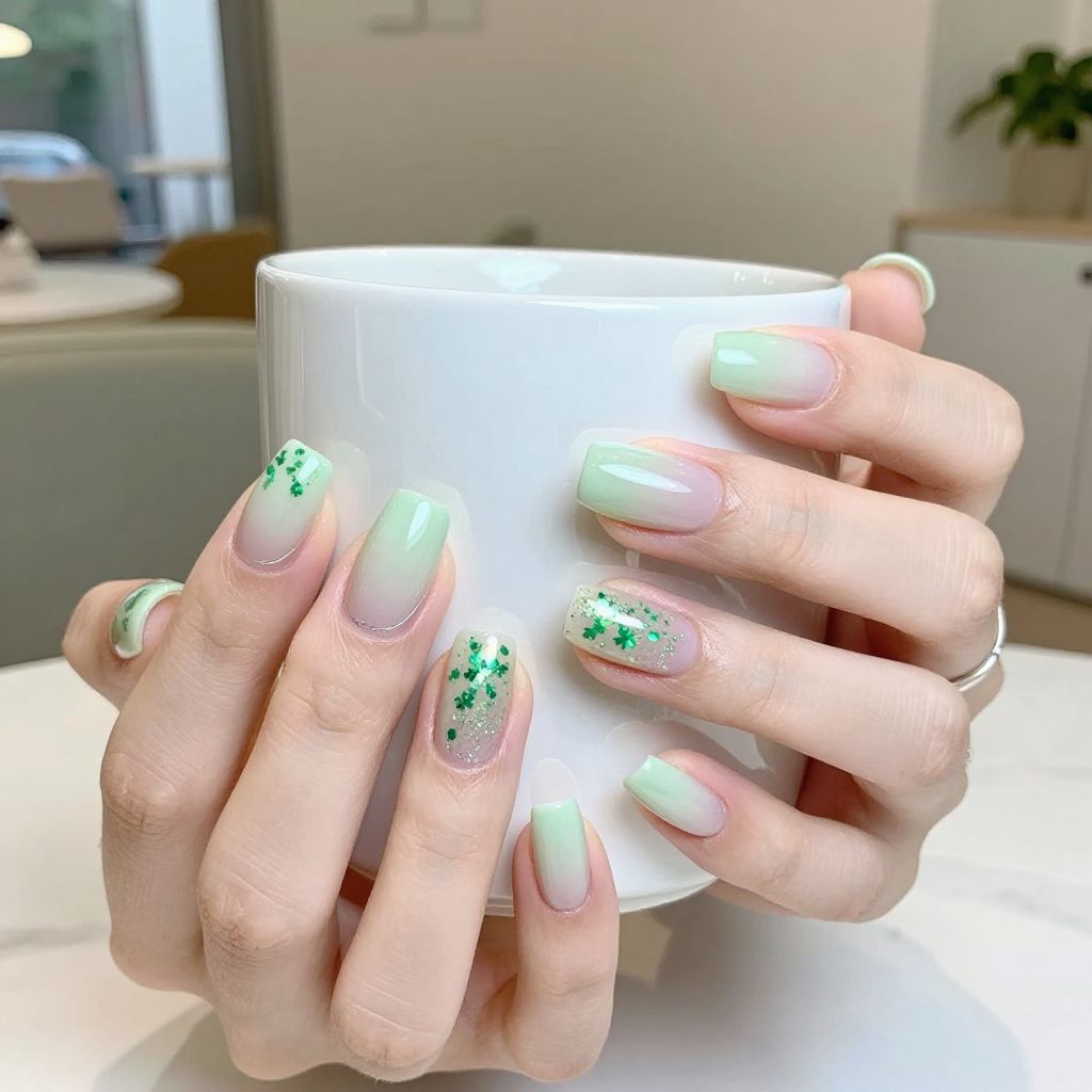 Mint nails with clover glitter gradient