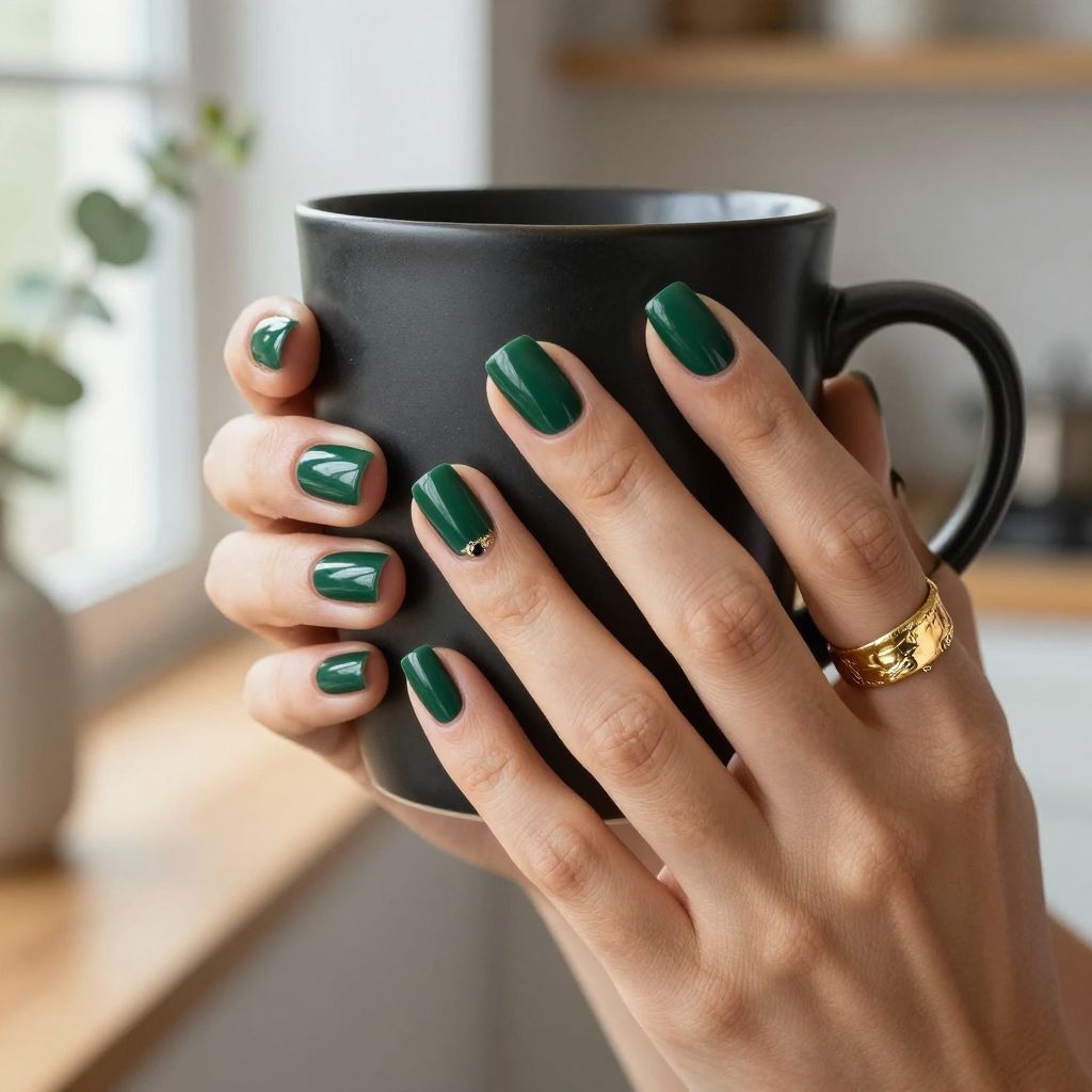 Forest green nails with gold foil accent