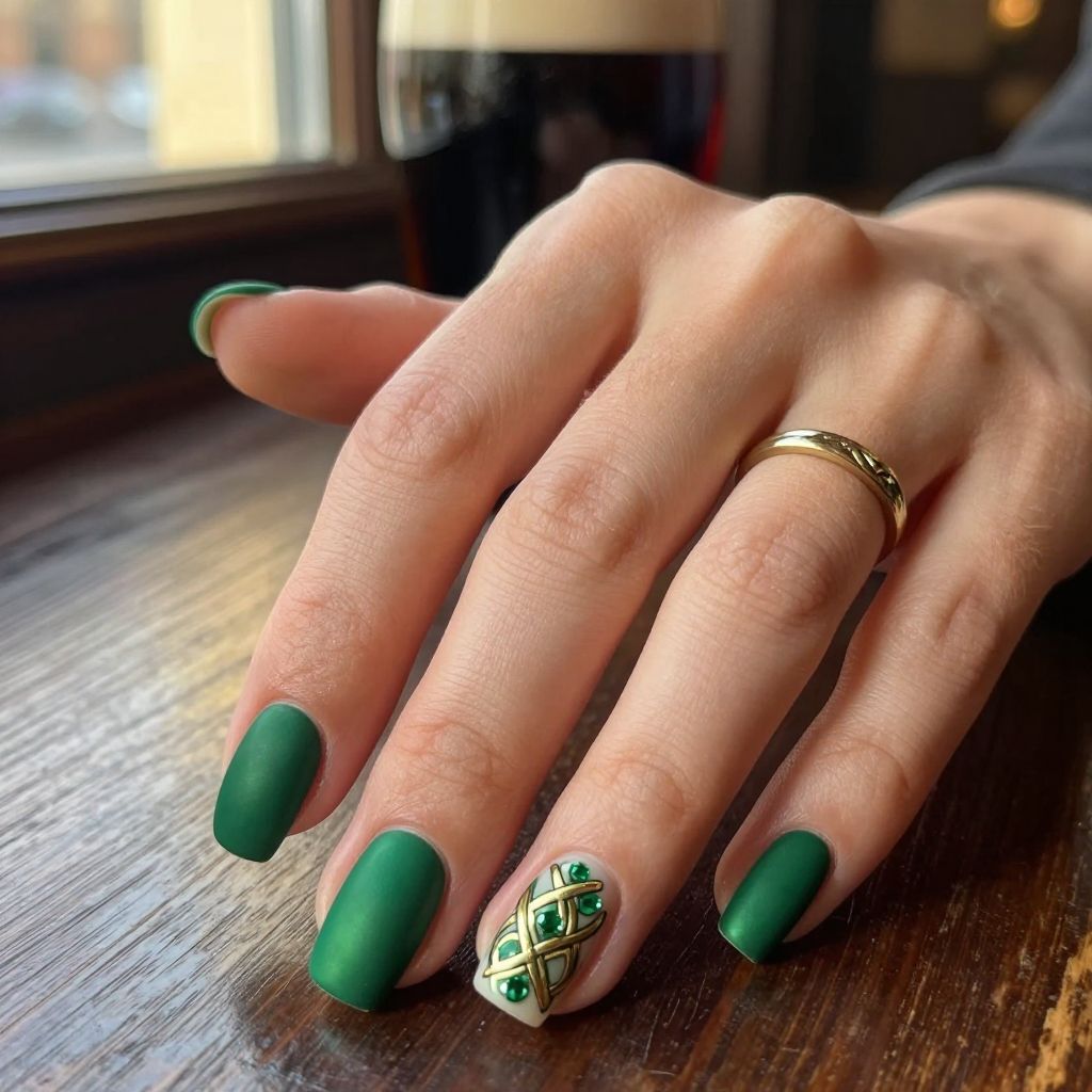 Hunter green nails with gold Celtic knot design