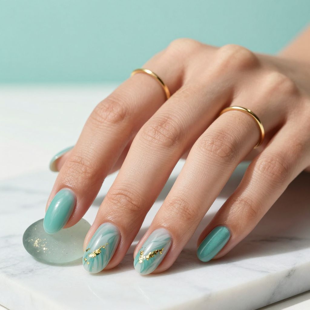 Teal marble nails with white and gold veining