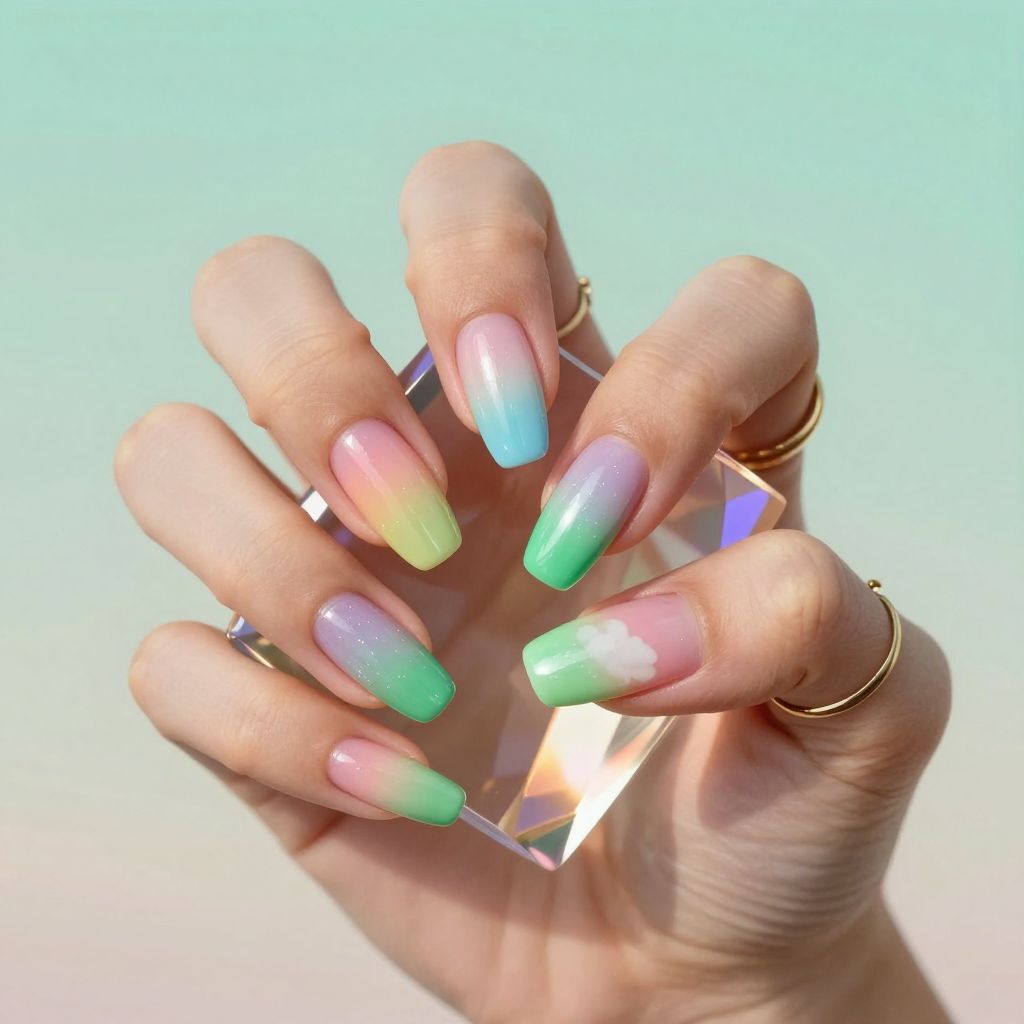 Rainbow gradient nails with jade green tips