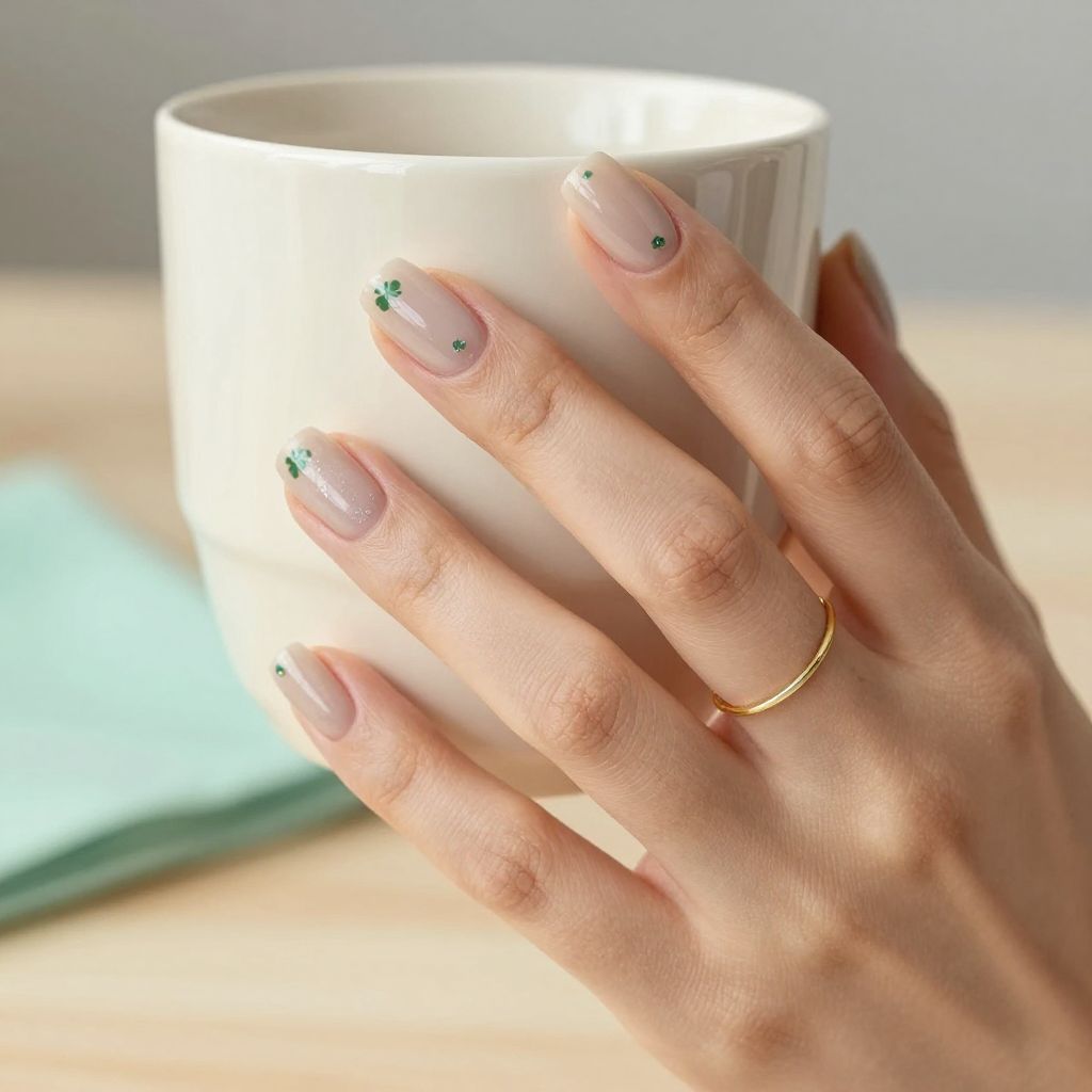 Nude nails with tiny green shamrock dot