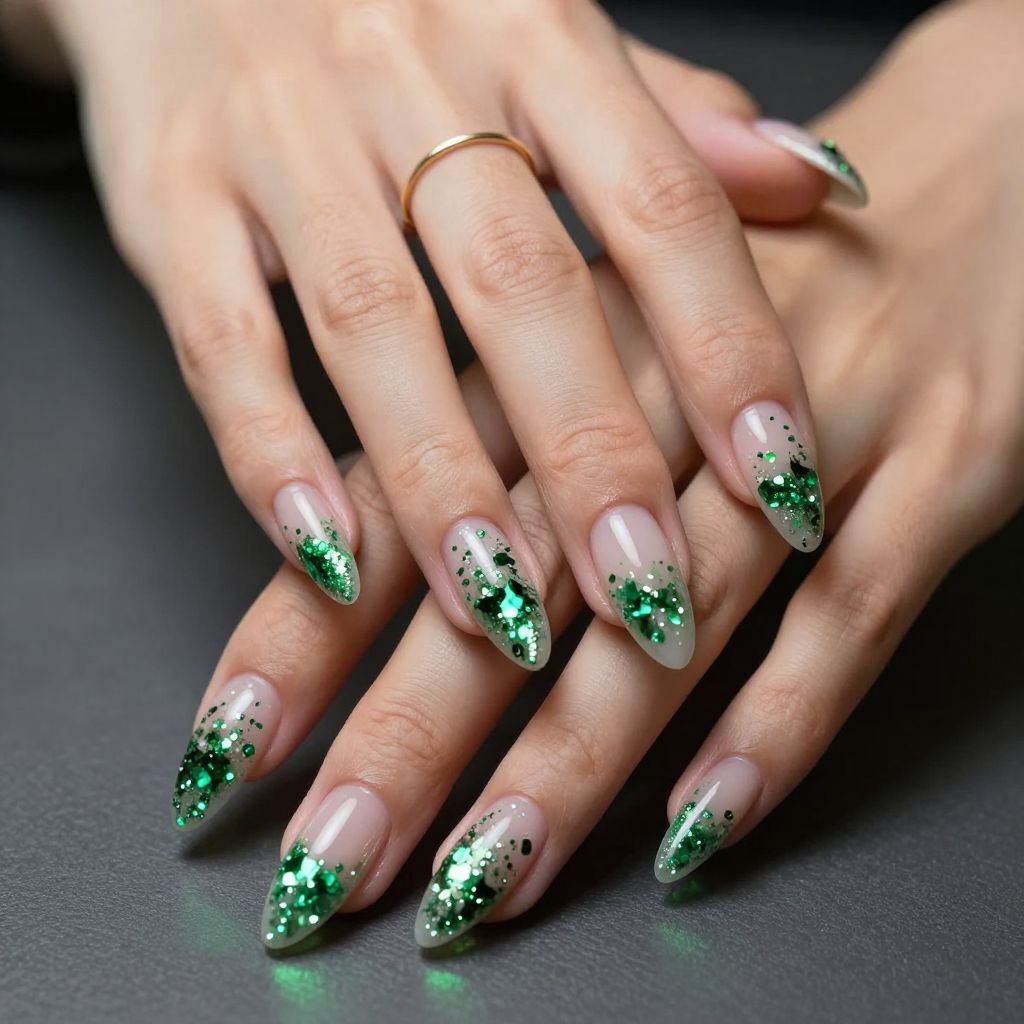 Green glitter and foil party nails