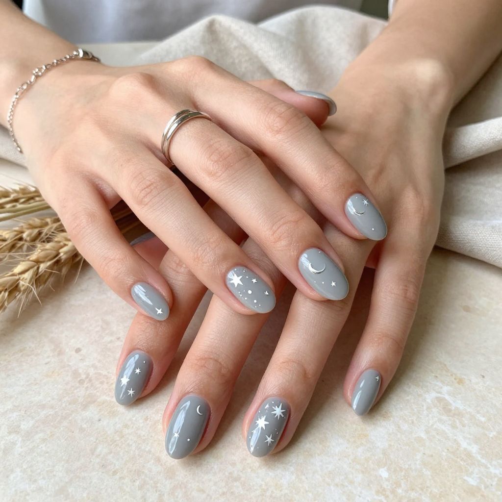Soft Gray Celestial Nails