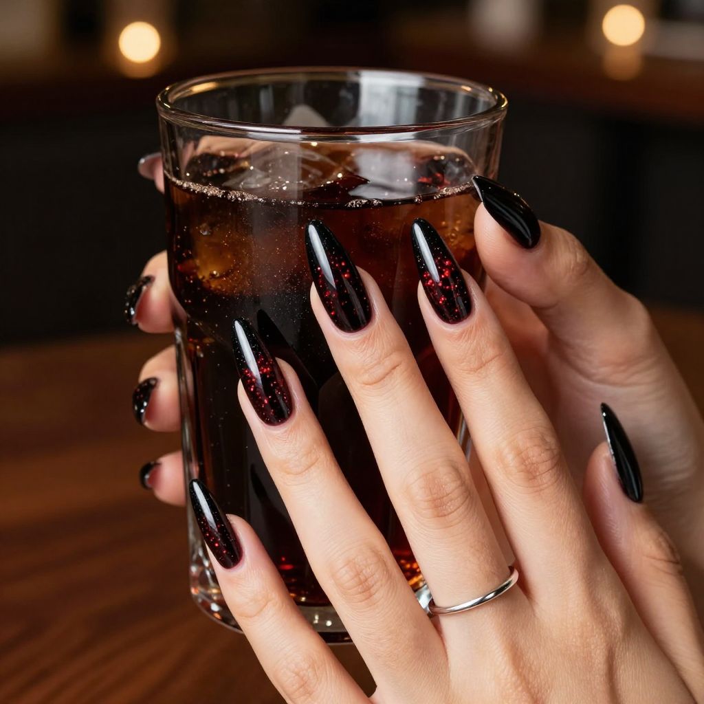 Cherry cola jelly stiletto nails with red glitter