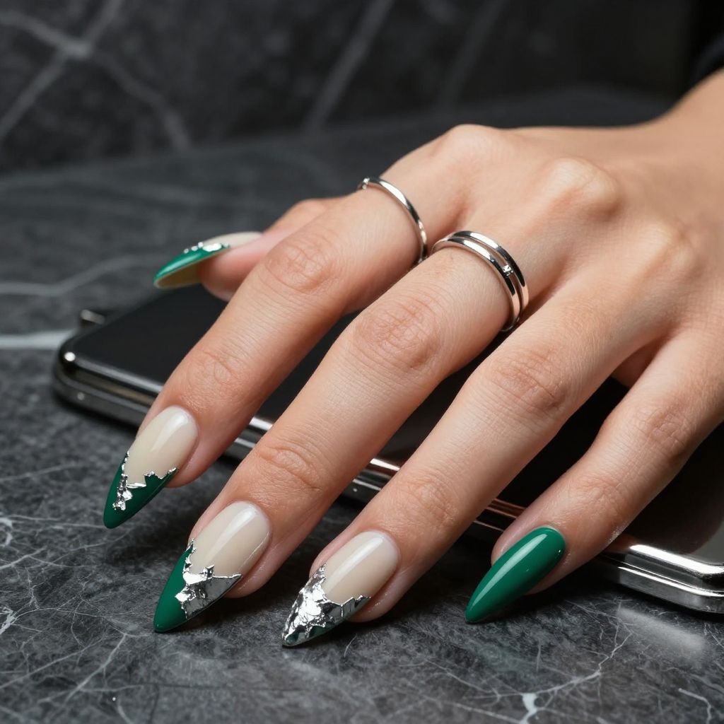 Emerald green stiletto nails with silver foil crack design