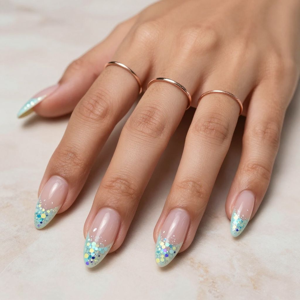 Clear base stiletto nails with pastel confetti glitter tips