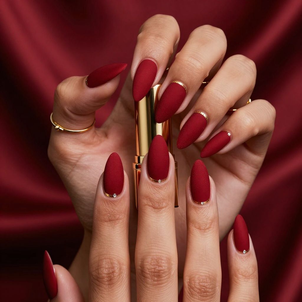 Red velvet matte stiletto nails with gold striping tape