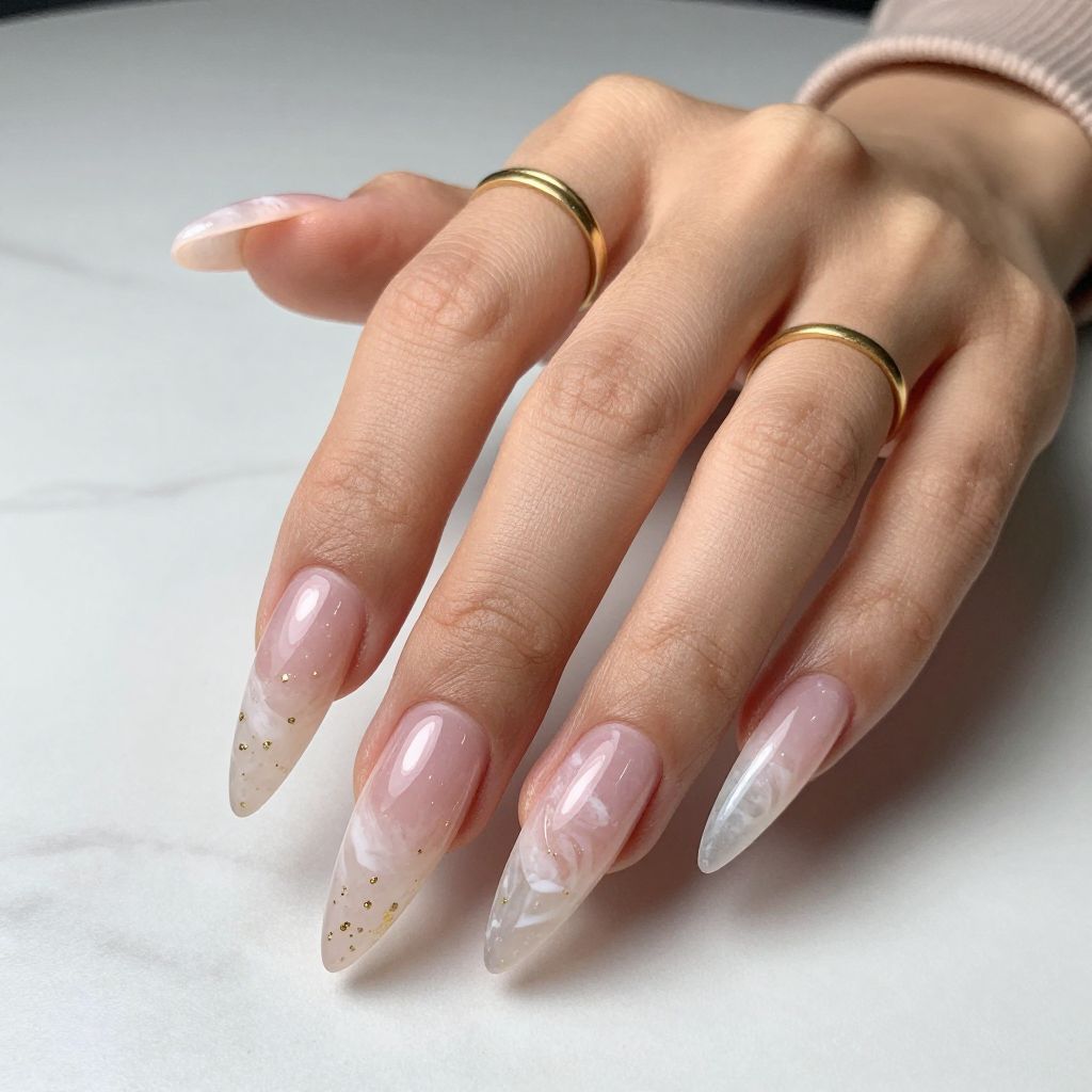 Rose quartz pink stiletto nails with white marble veining and gold flakes