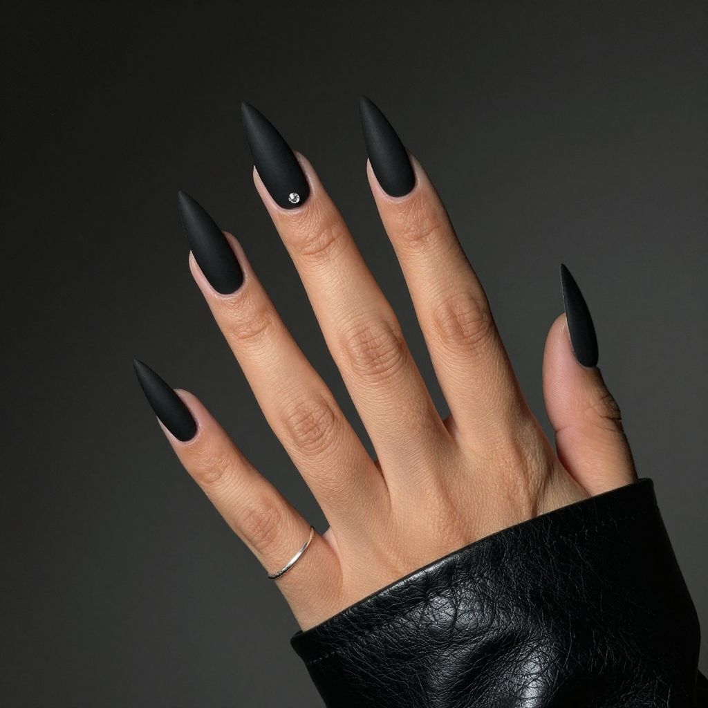 Matte black stiletto nails with single crystal accent