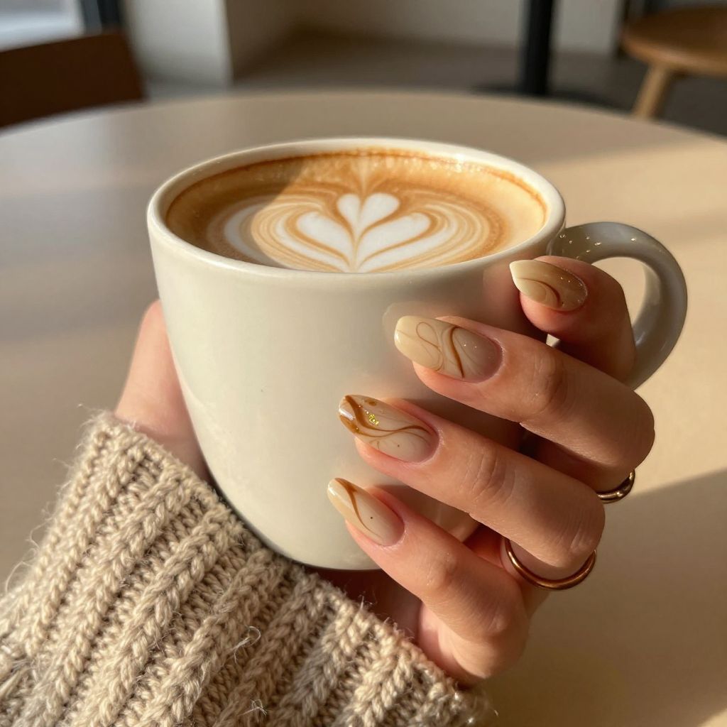 Chocolate swirl latte stiletto nails in beige and mocha tones