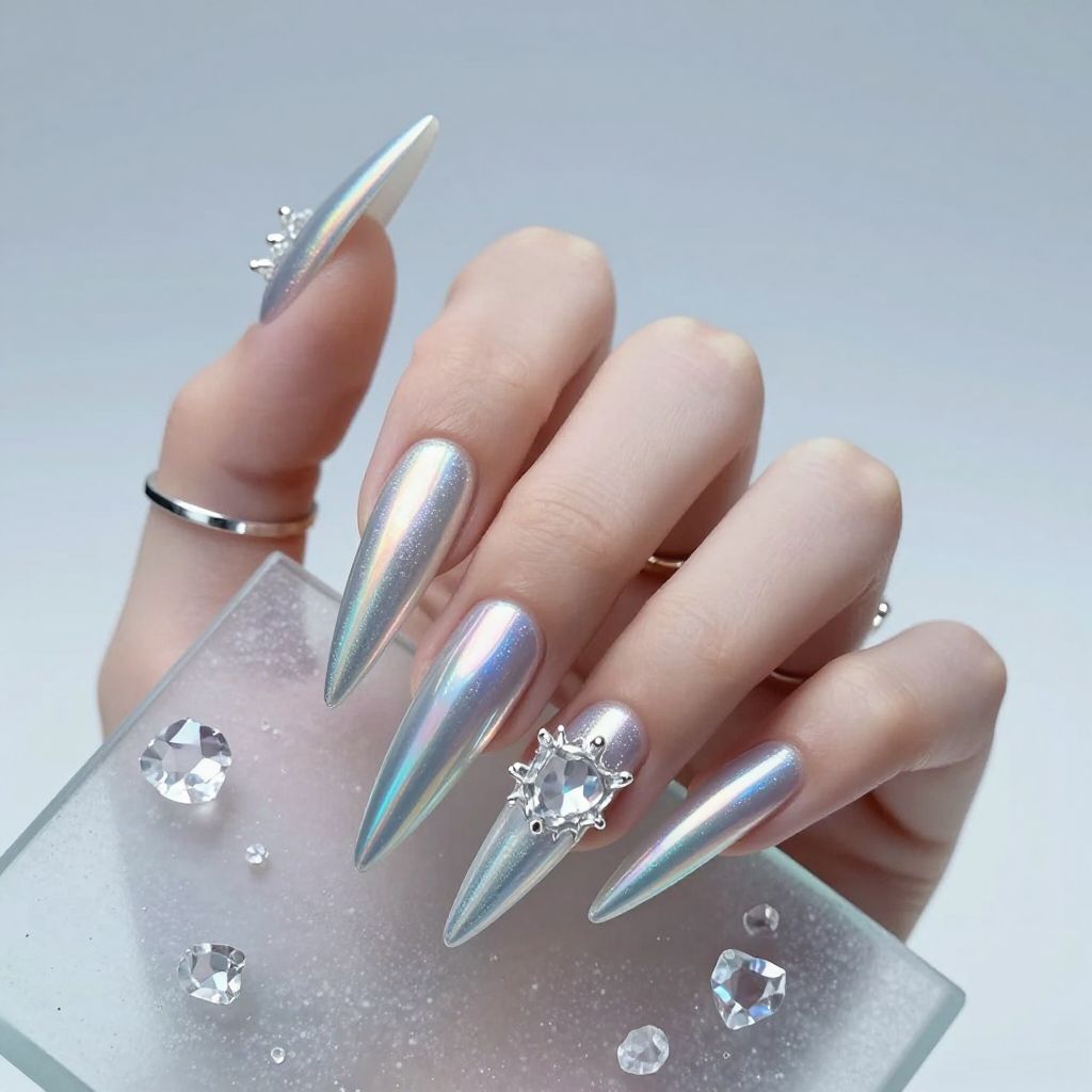 Silver holographic stiletto nails with crystal clusters
