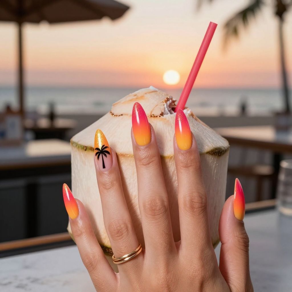 Tropical sunset ombre stiletto nails in coral mango and fuchsia