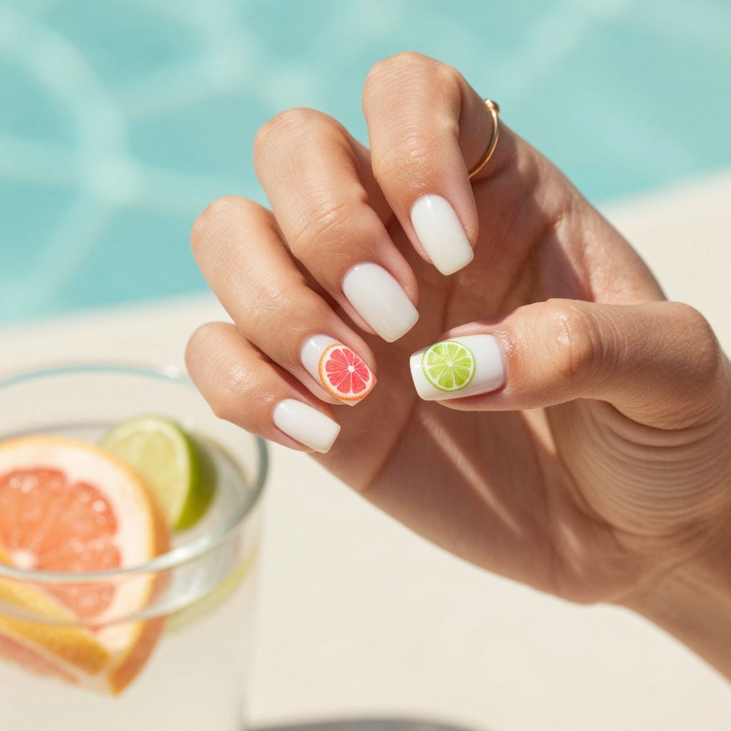 White acrylic nails with citrus accent art