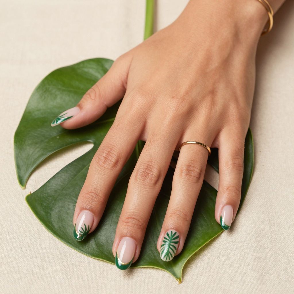 Clear acrylic nails with jungle leaf outline