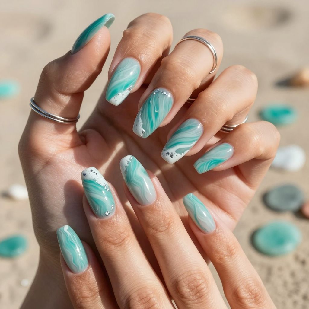 Ocean foam marble acrylic nails