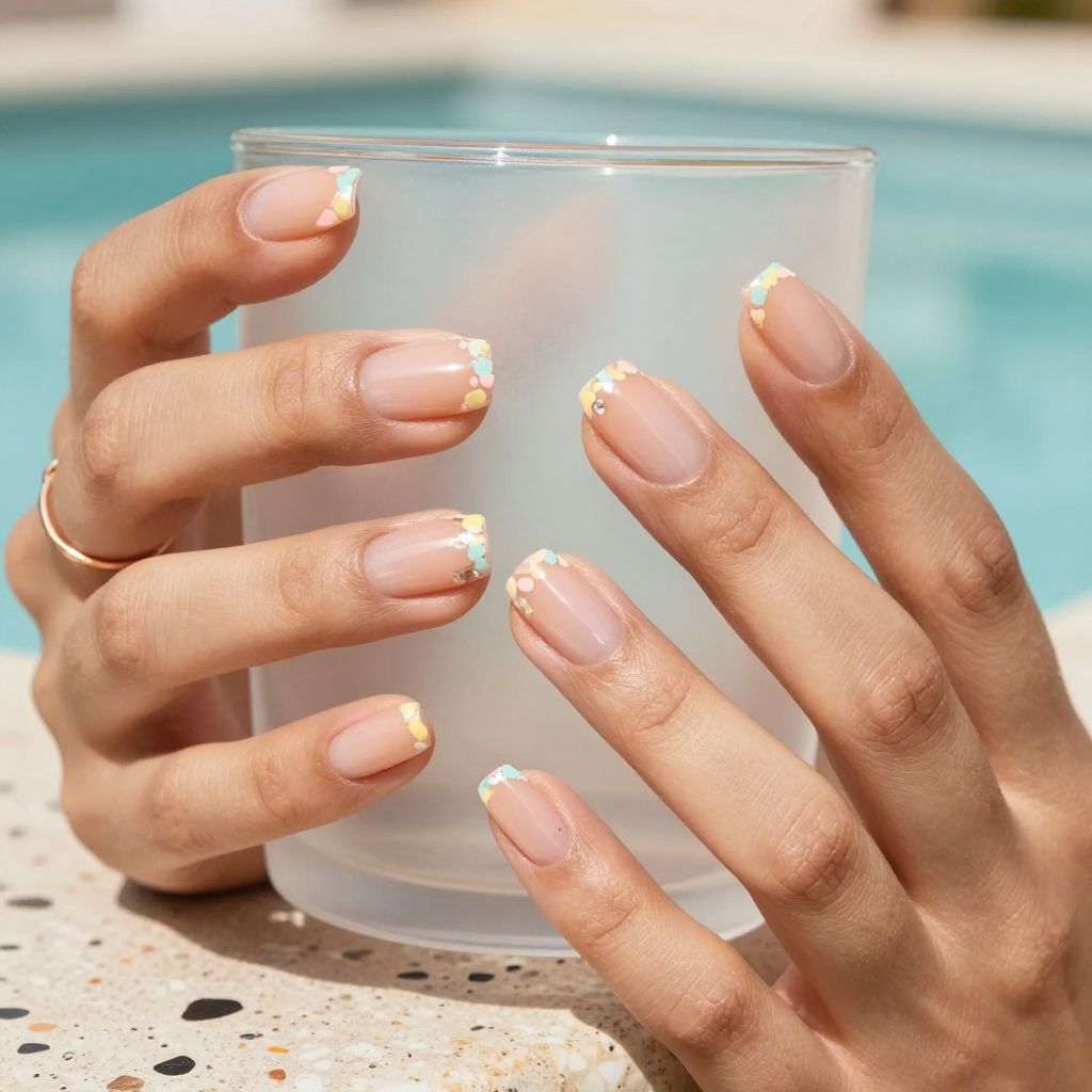 Nude acrylic nails with pastel foil confetti