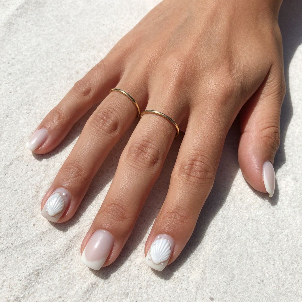 White Square Nails With Seashell Detail