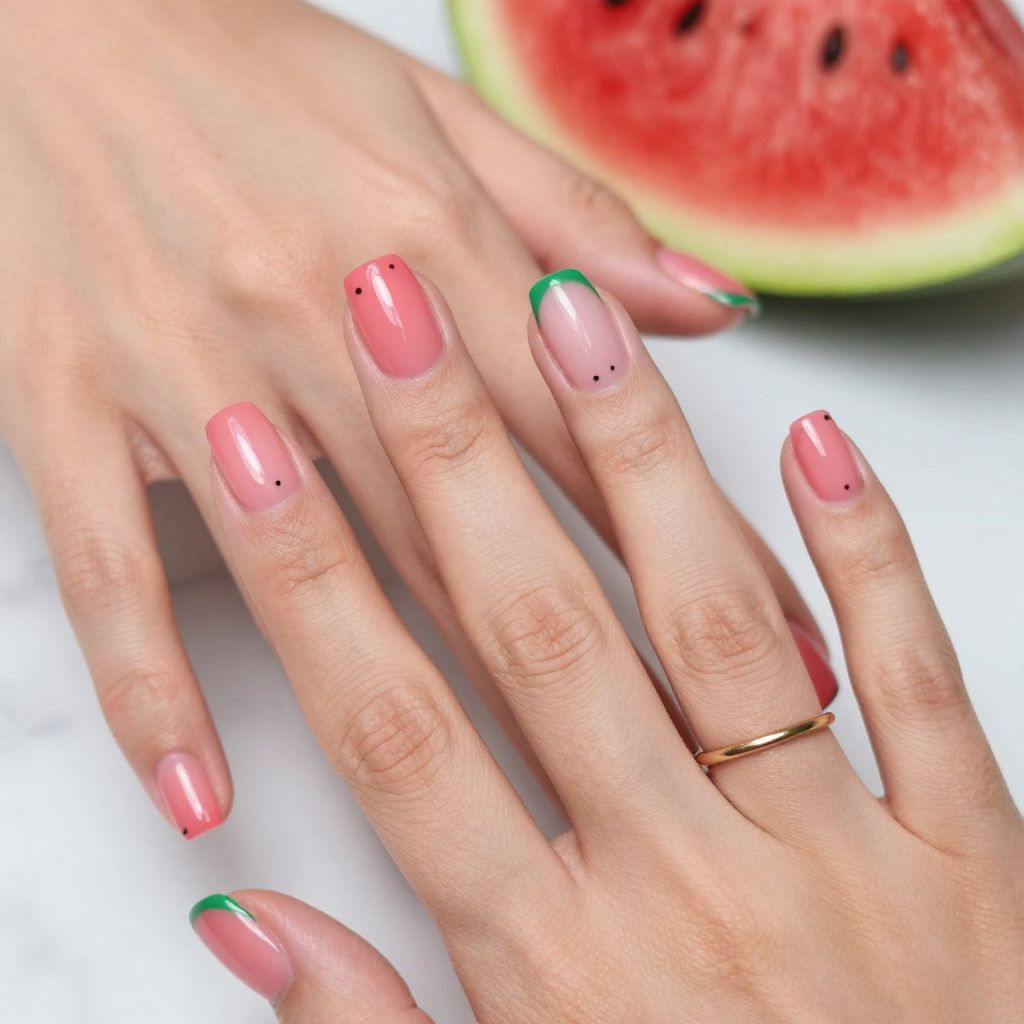 Watermelon Pink With Green French Tips