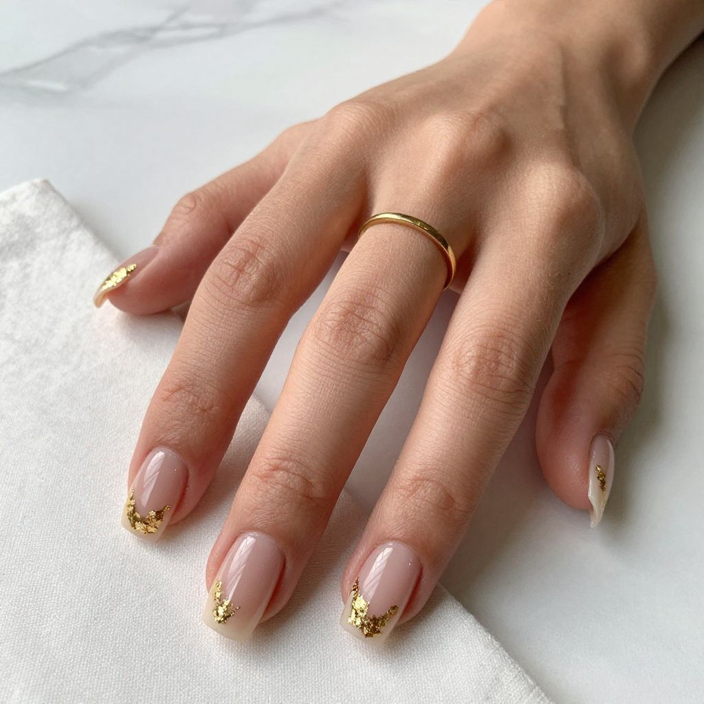 Nude Square Nails With Gold Foil
