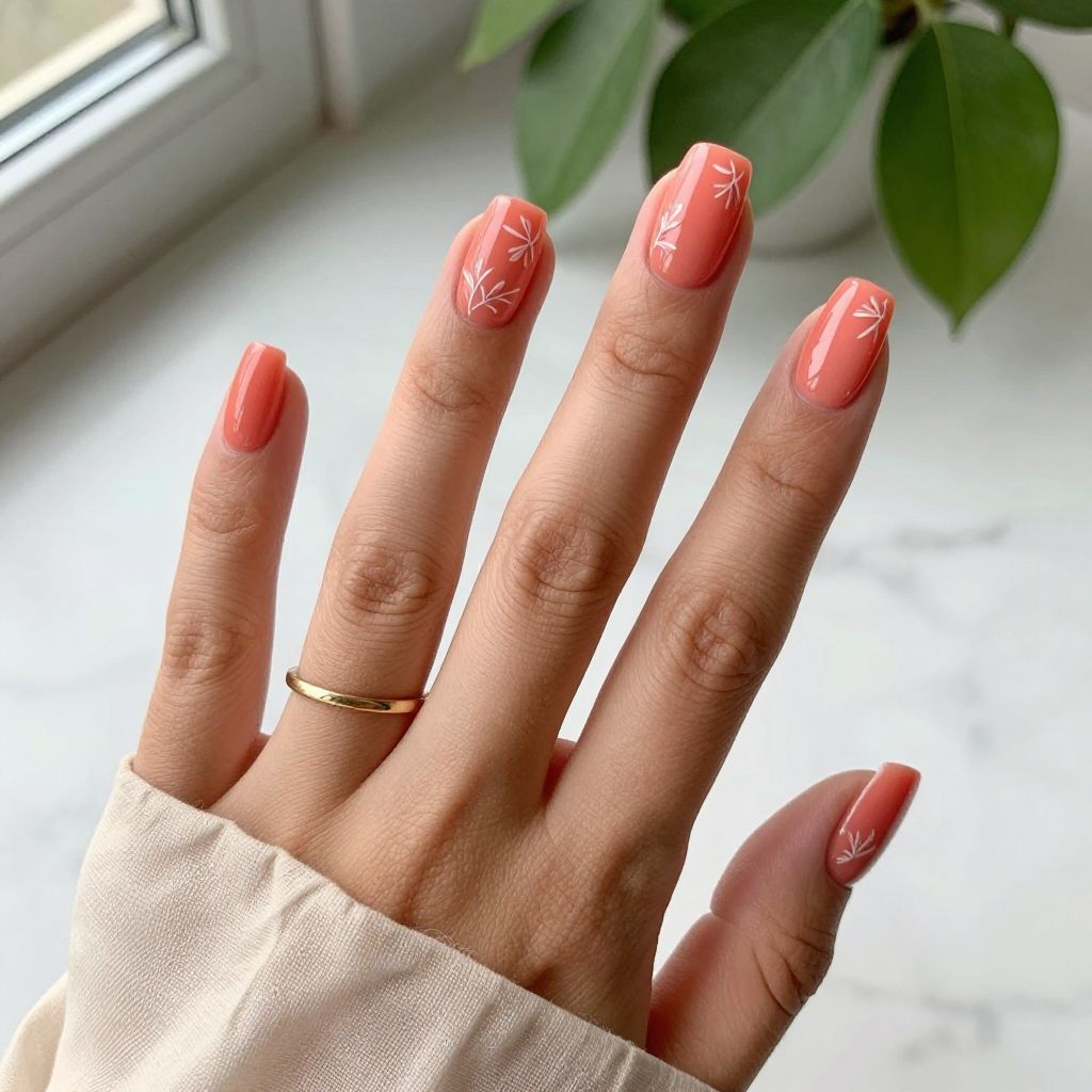 Coral Squares With White Botanical Lines