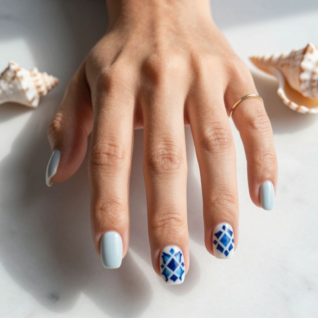 Summer Vacation Nail Ideas - Blue and White Tile Art