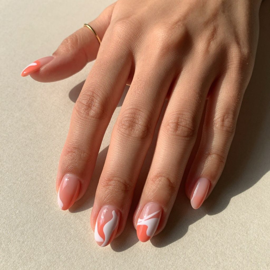 Summer Vacation Nail Ideas - Coral and White Abstract Waves