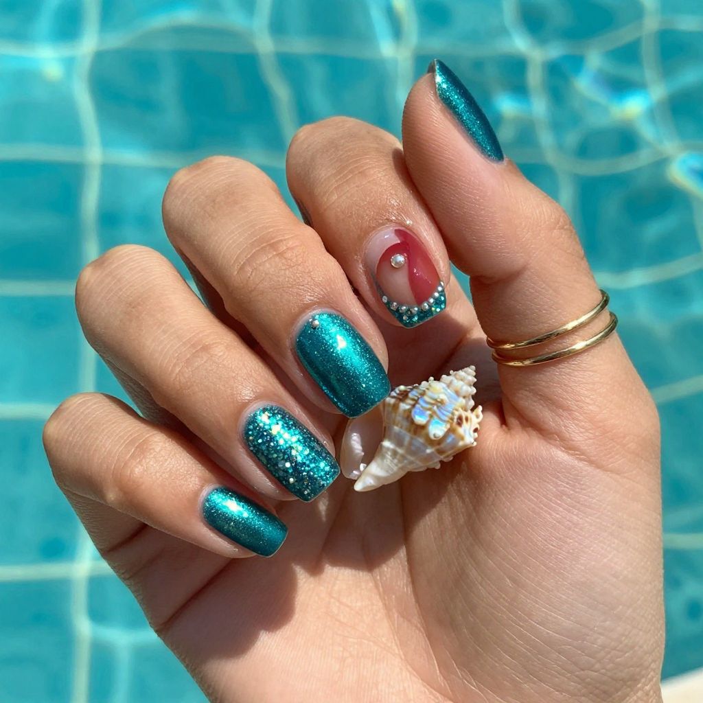Mermaid lagoon teal sparkle nails