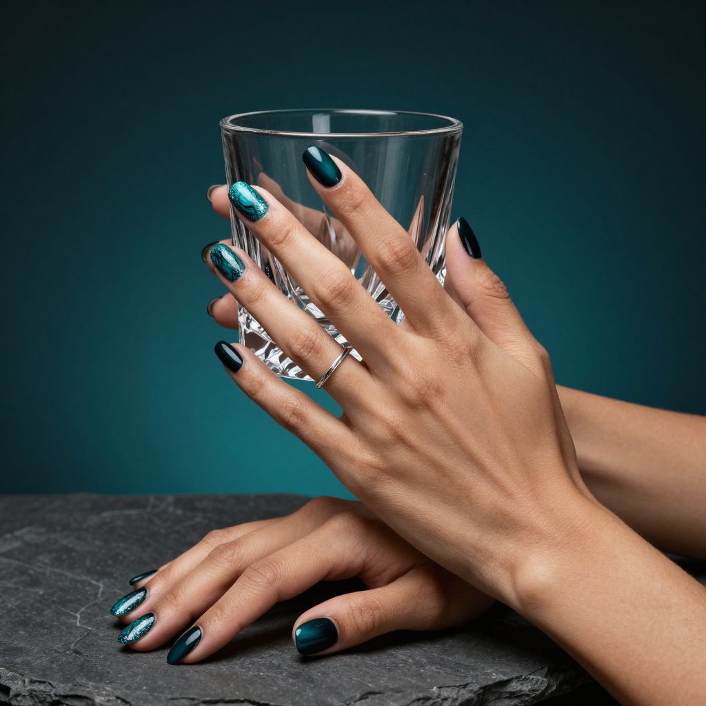 Black nails with teal smoke art design