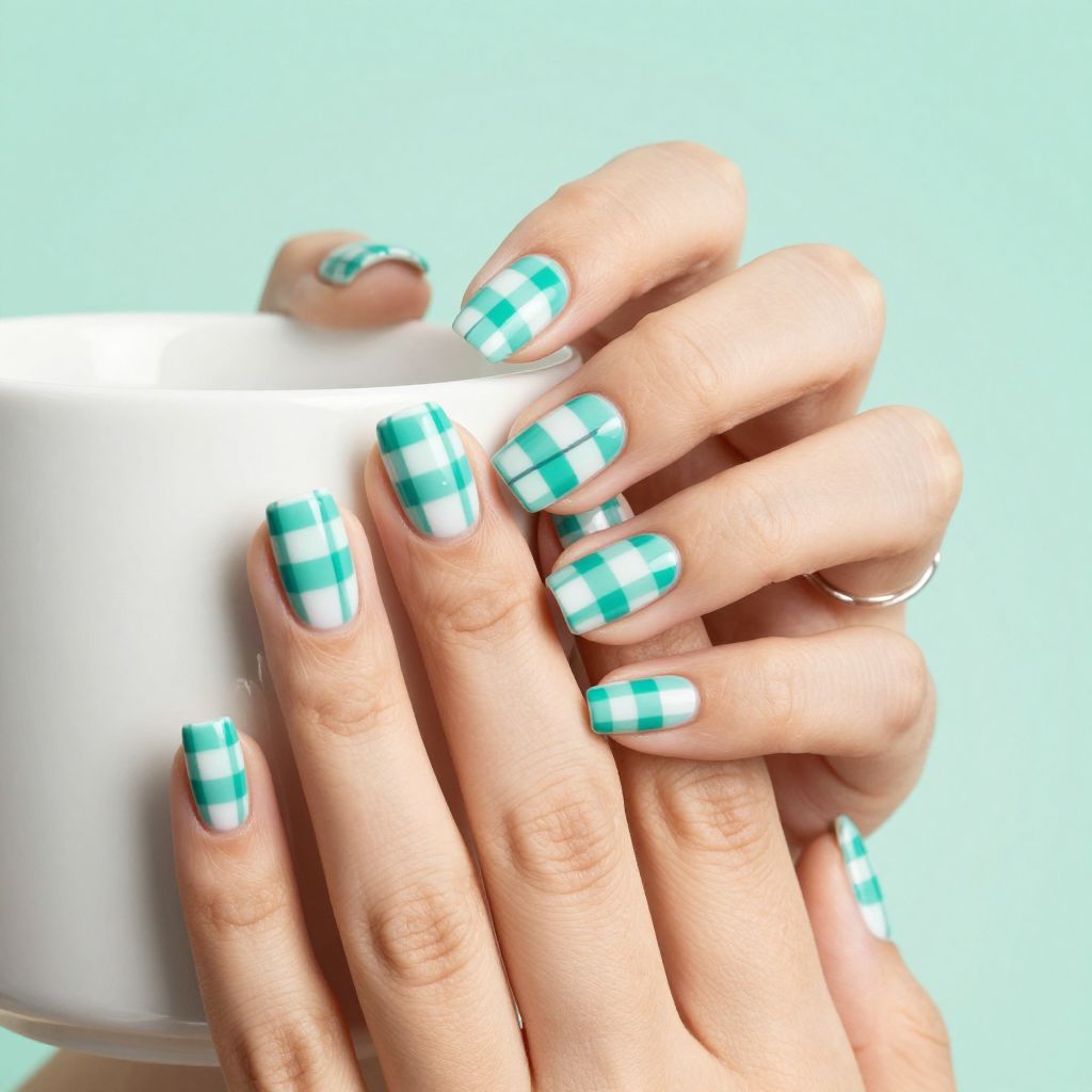 Teal and white checkerboard short nails