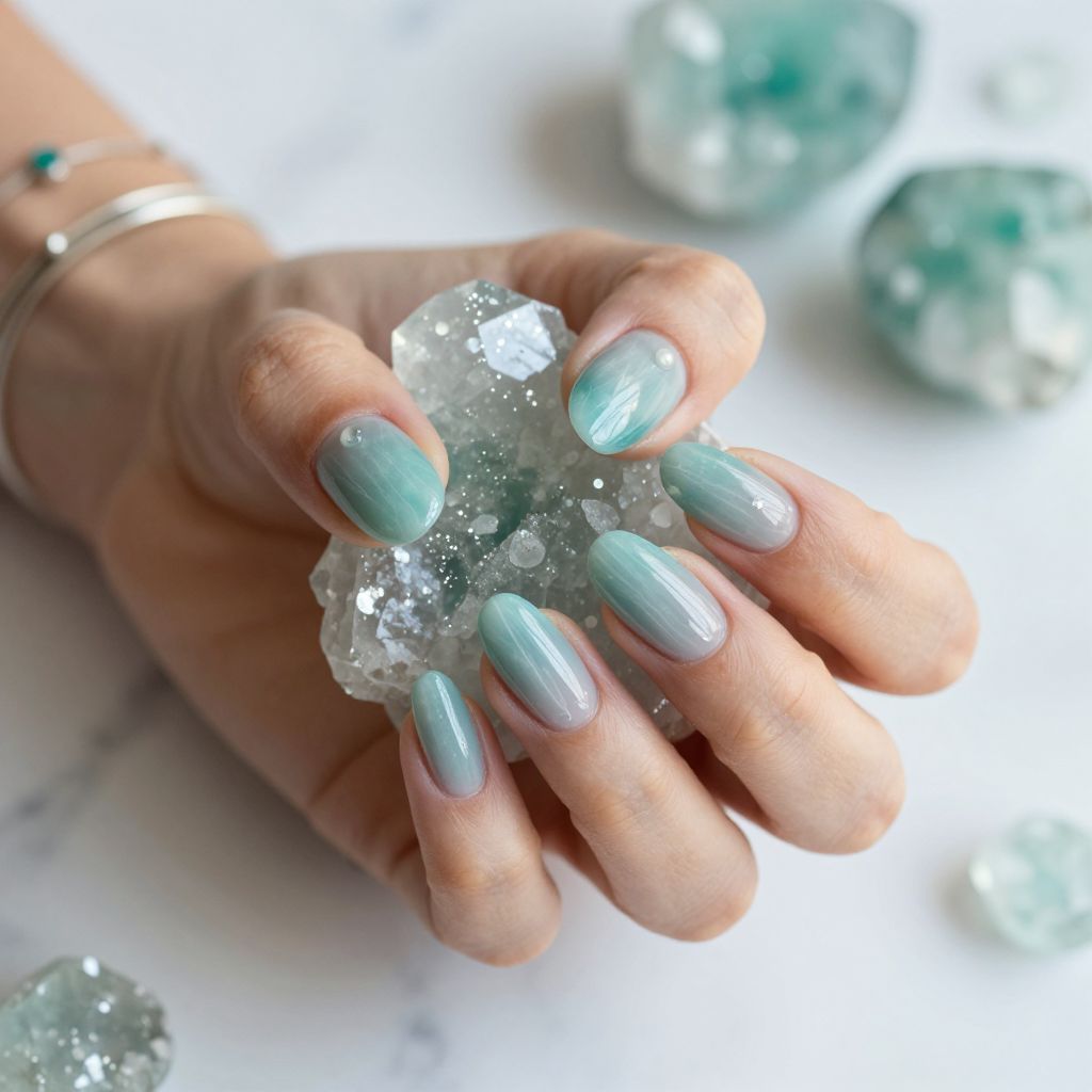 Teal crystal quartz inspired almond nails
