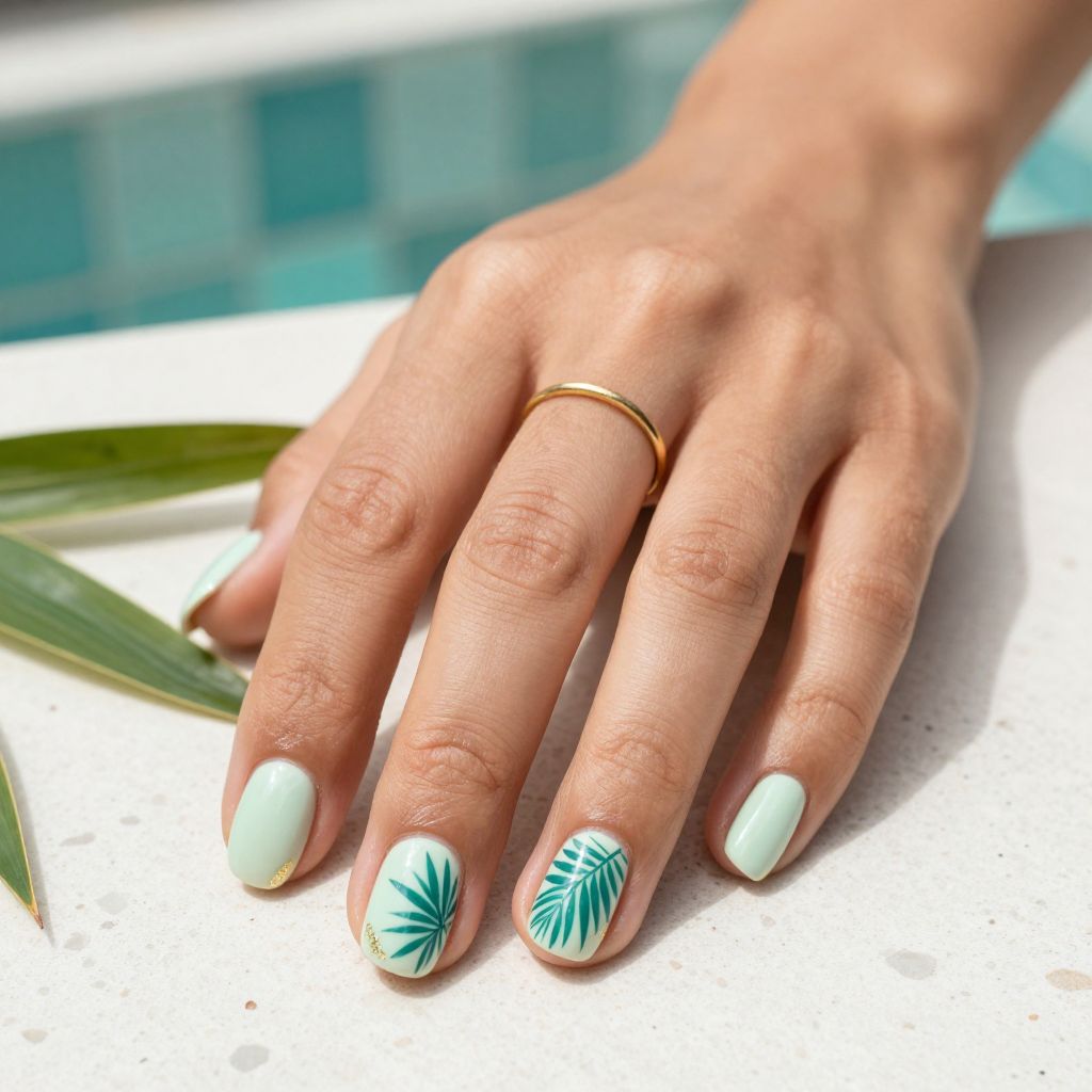 Mint nails with teal palm leaf stamping