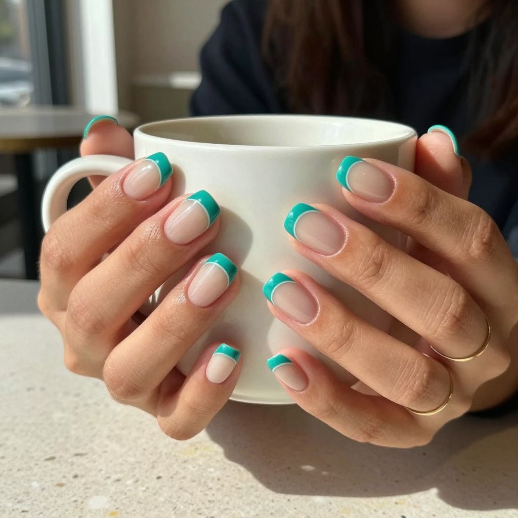 Teal half moon retro oval nails