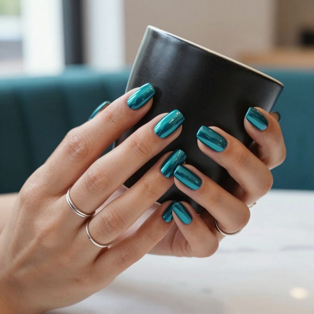 Teal chrome mirror coffin nails