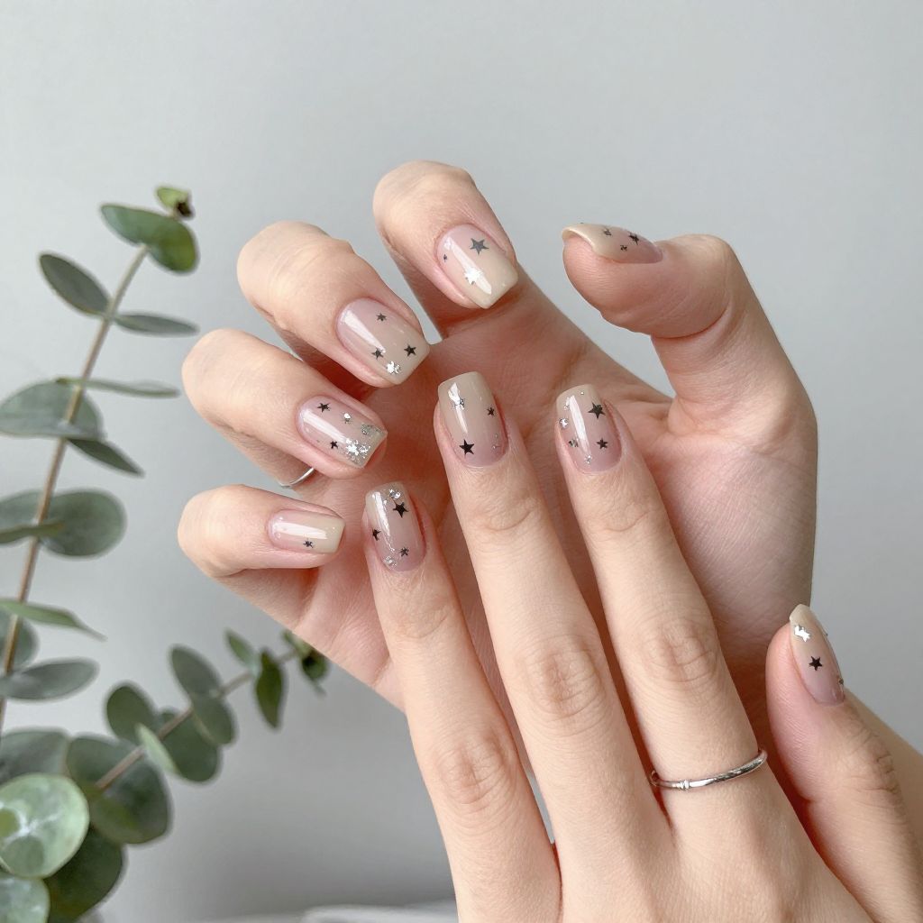 Nude Nails With Silver Stars