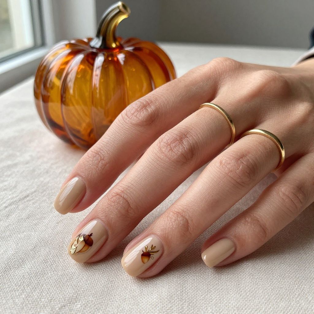 Beige Nails With Tiny Acorn Details
