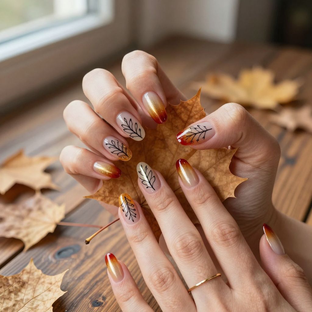 Falling leaves collage Thanksgiving nails