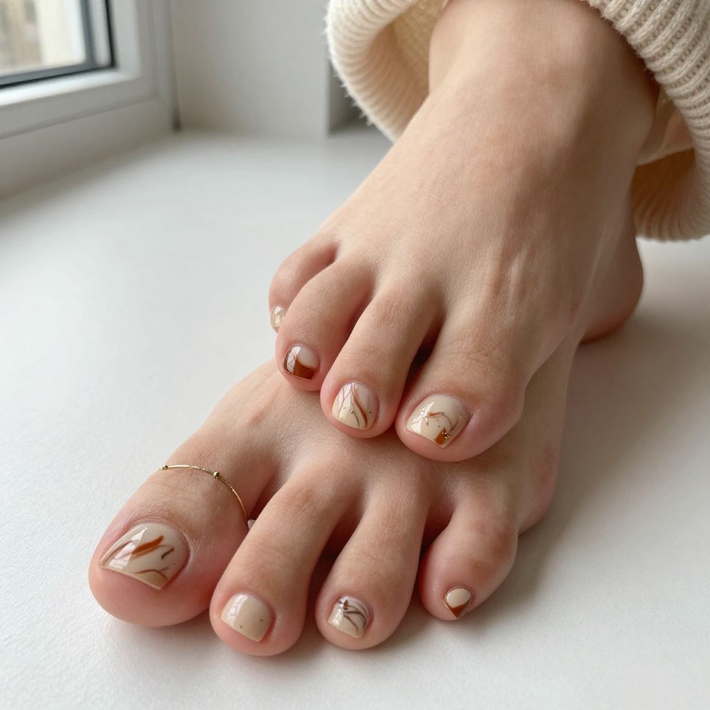 Autumn Marble Detail Toe Nail Fall Pedicure Idea