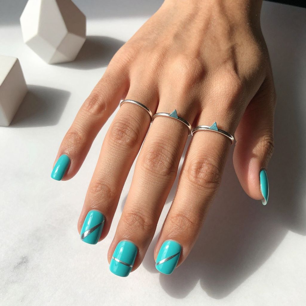 Turquoise and Silver Geometric Nails