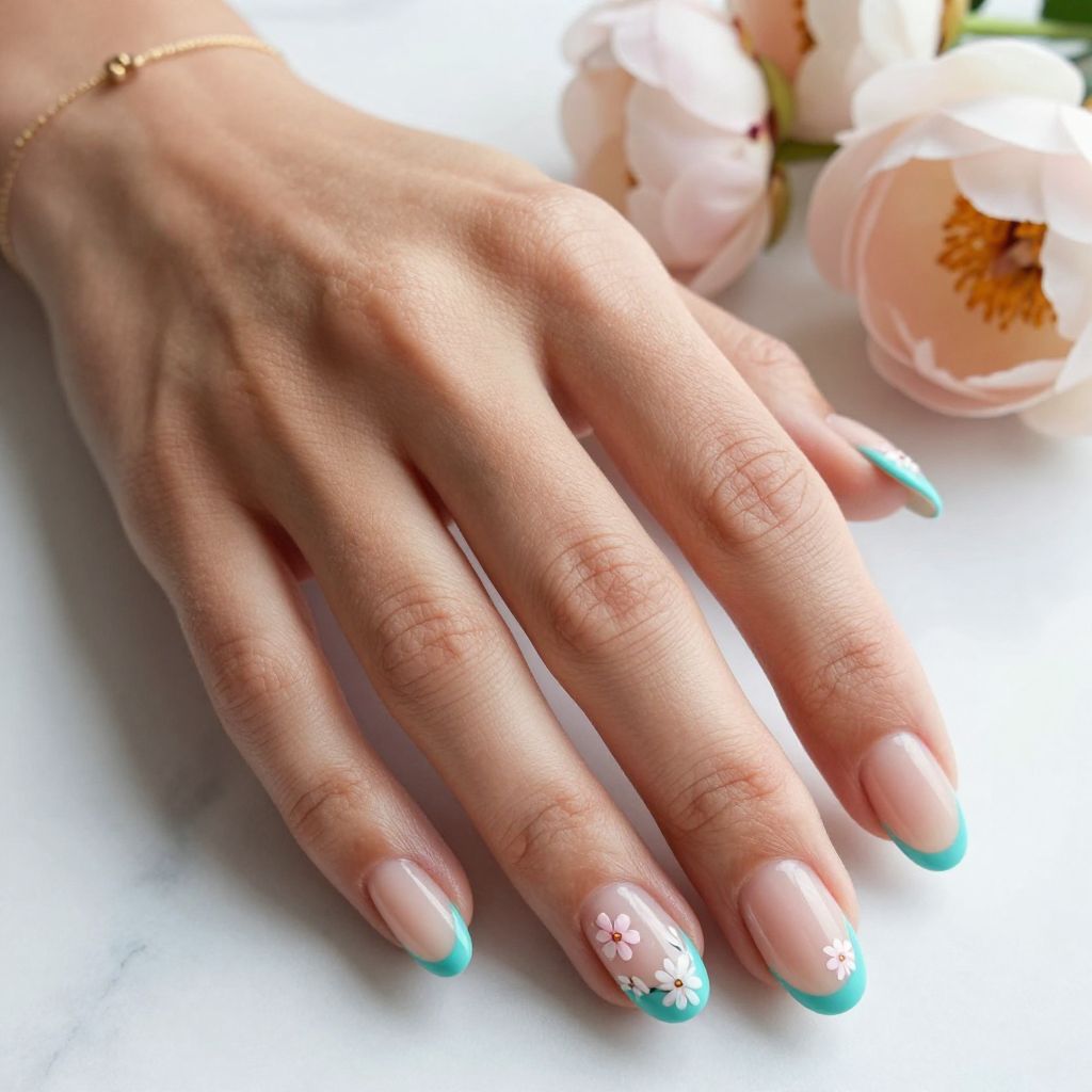 Turquoise Floral French Tips