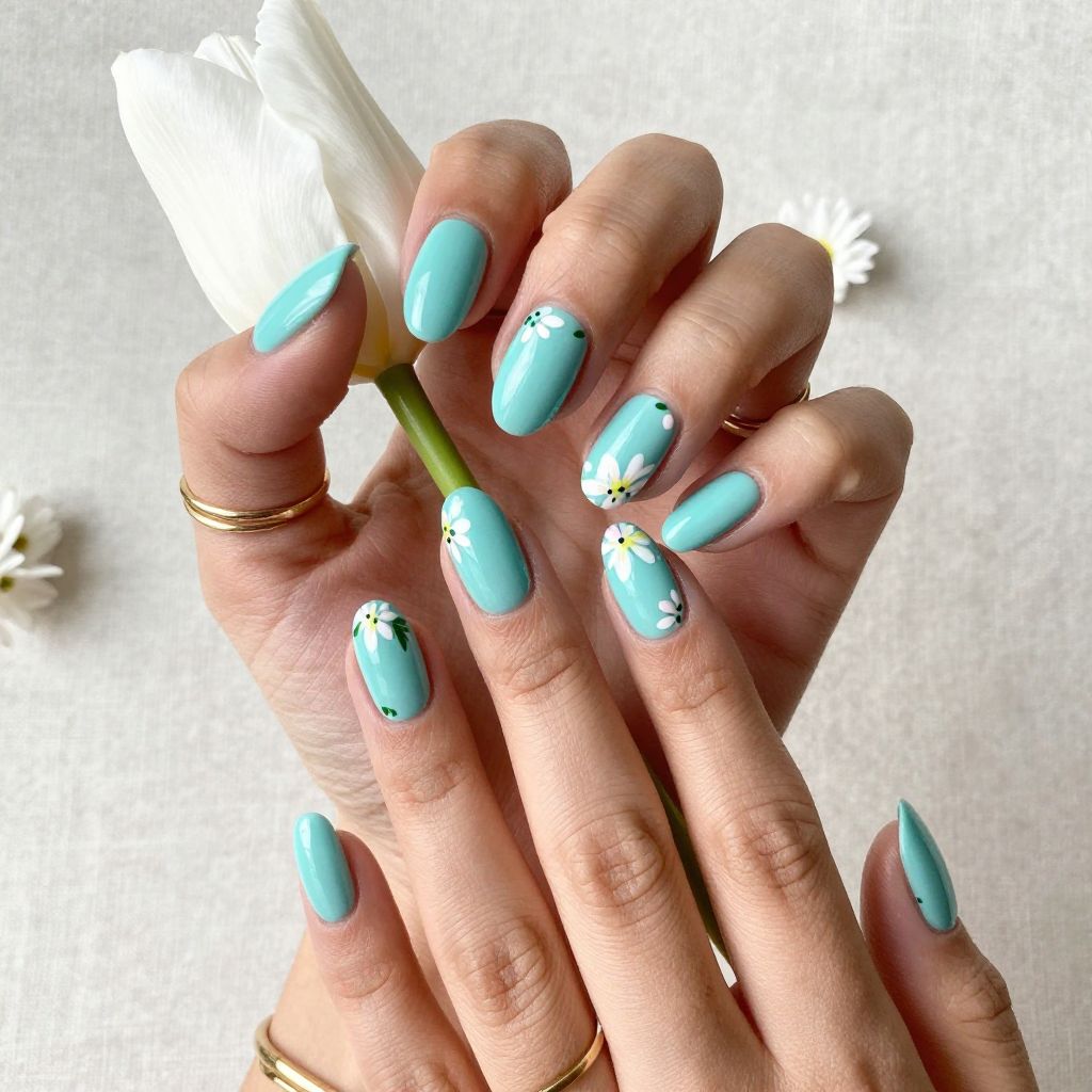 Turquoise Floral Nails