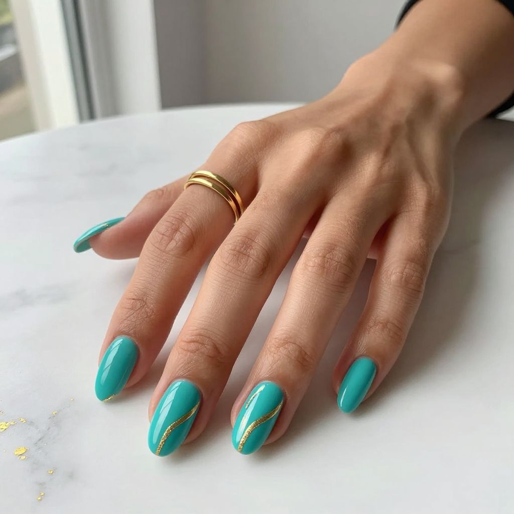 Turquoise and Gold Accent Nails