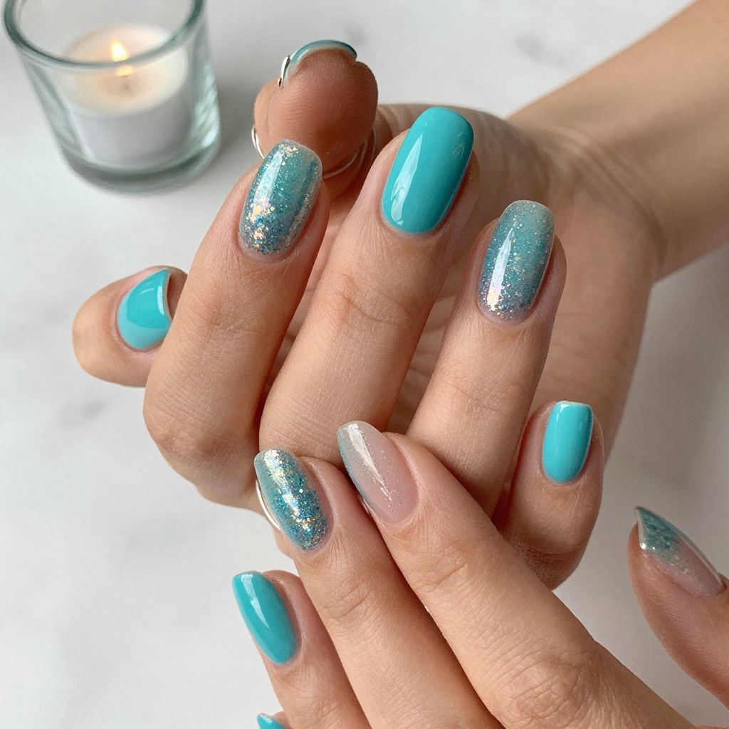 Turquoise Glitter Gradient Nails