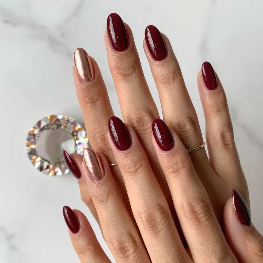 Burgundy and Rose Gold Luxe Nails
