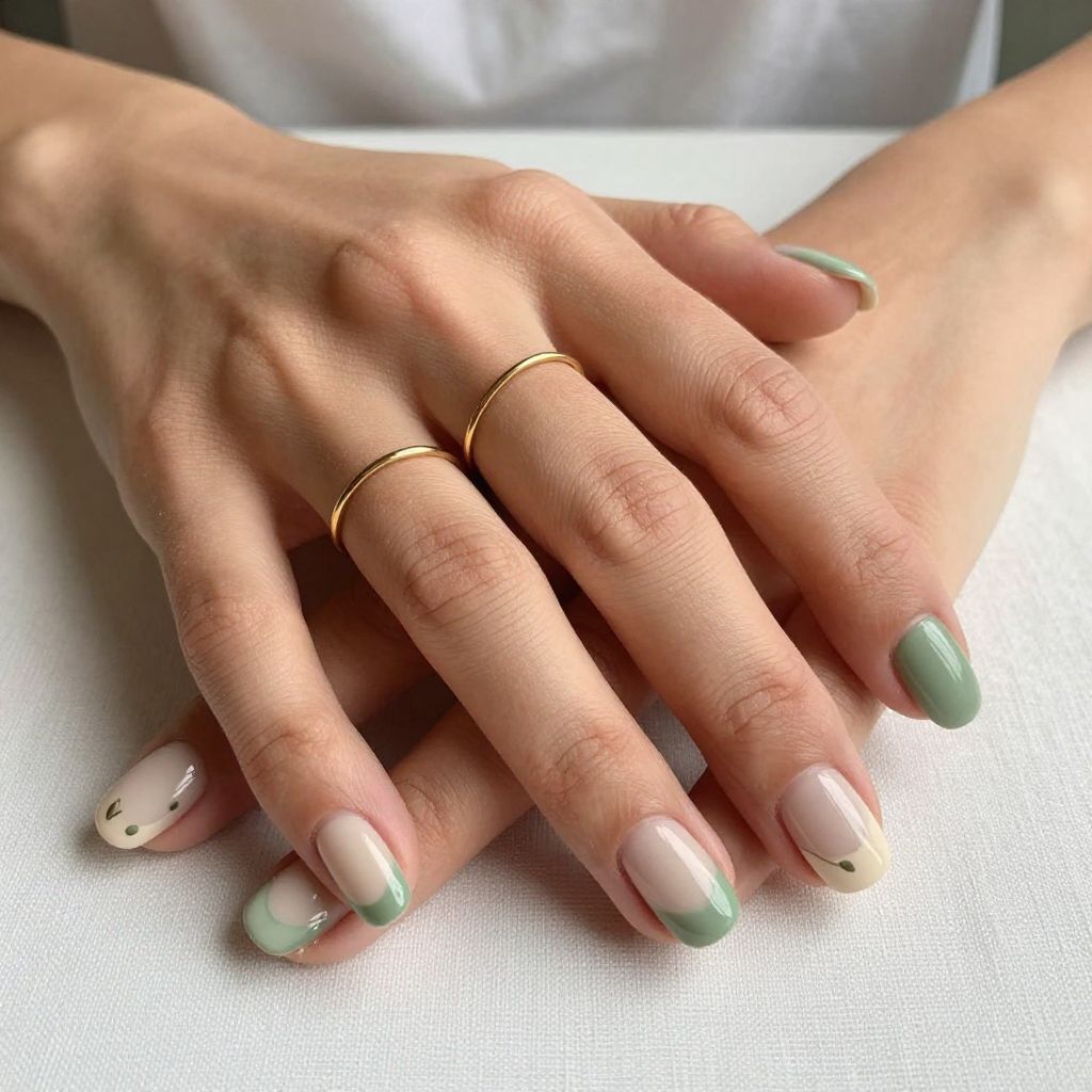 Sage Green and Soft Beige Minimal Nails