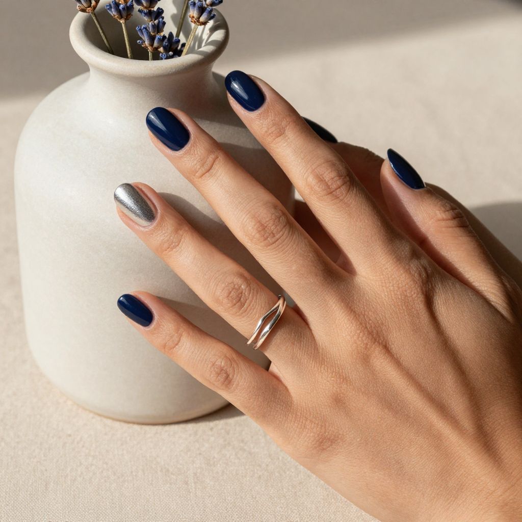 Navy and Silver Half Moon Nails