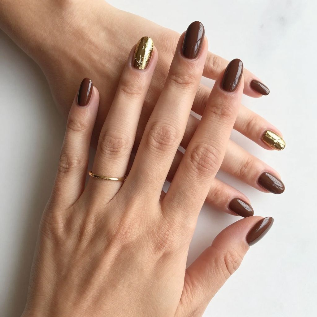 Chocolate and Gold Foil Accent Nails