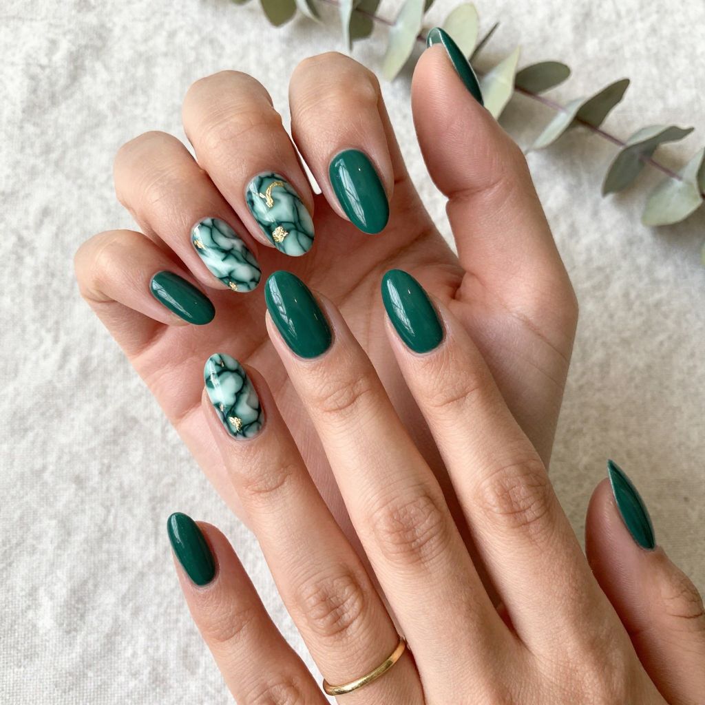 Emerald Marble Accent Nails